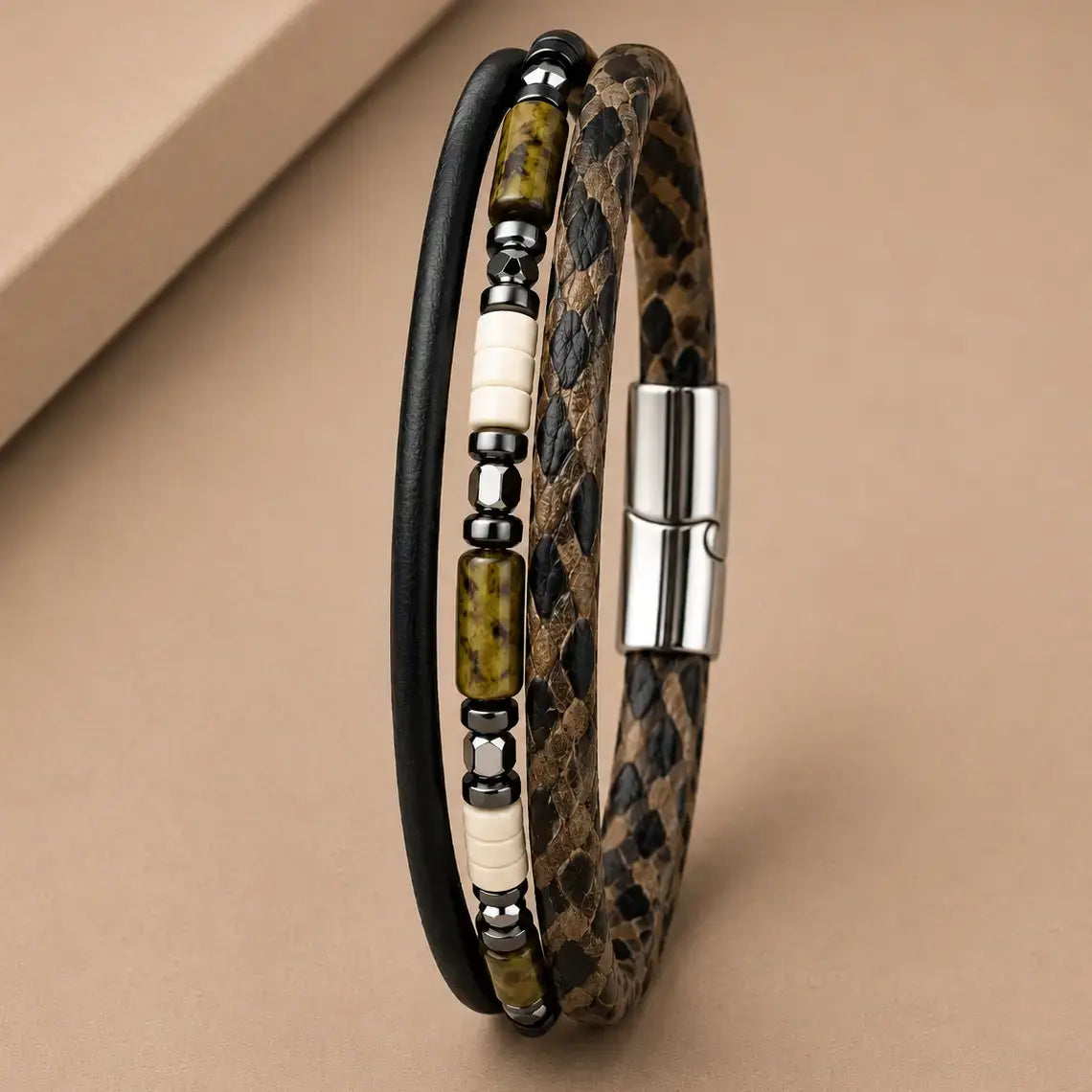 Men's Genuine Snakeskin Leather Bracelet with Natural Stone