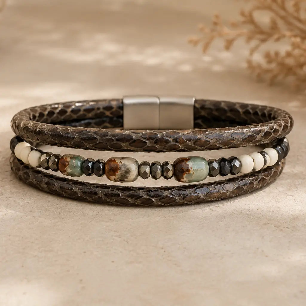 Men's Genuine Snakeskin Leather Bracelet with Natural Stone