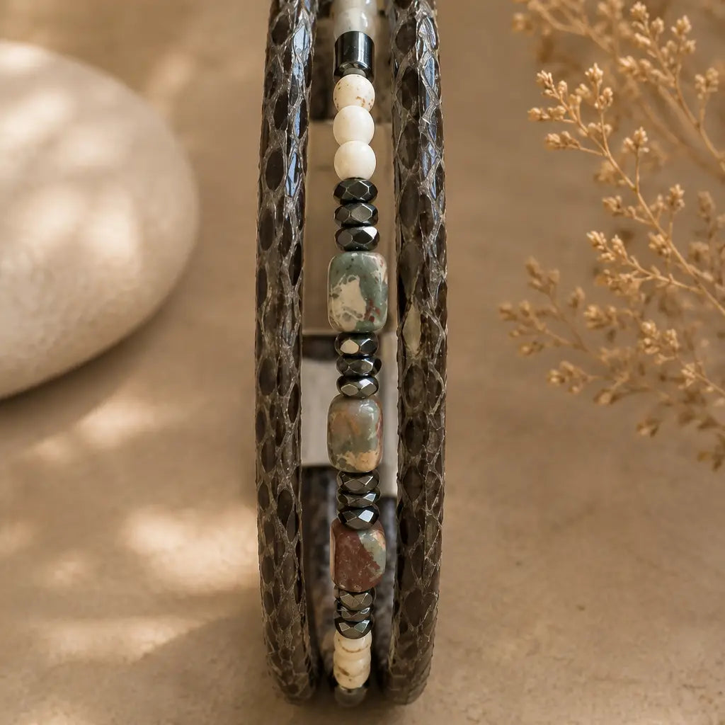 Men's Genuine Snakeskin Leather Bracelet with Natural Stone