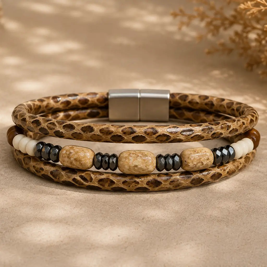 Men's Genuine Snakeskin Leather Bracelet with Natural Stone