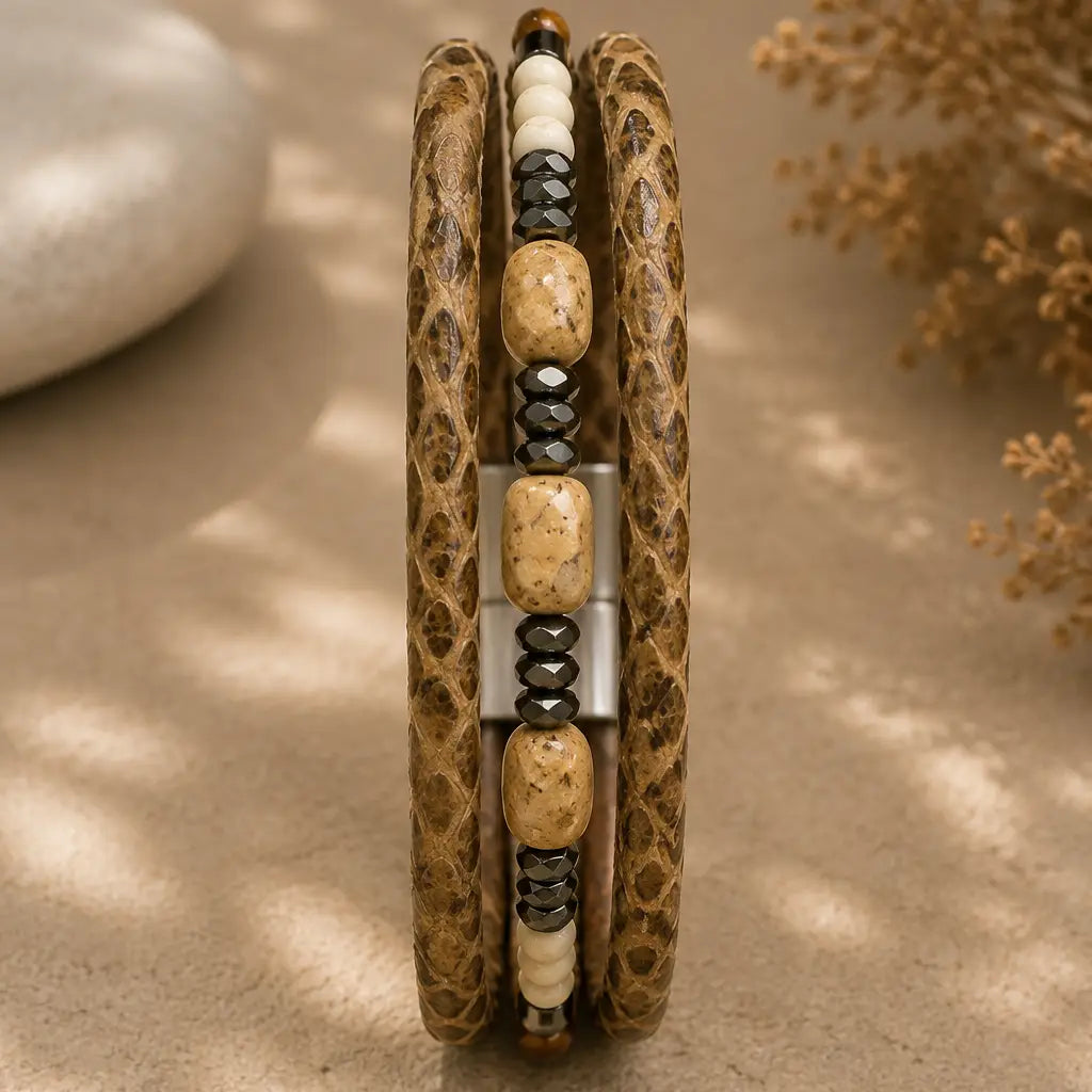Men's Genuine Snakeskin Leather Bracelet with Natural Stone