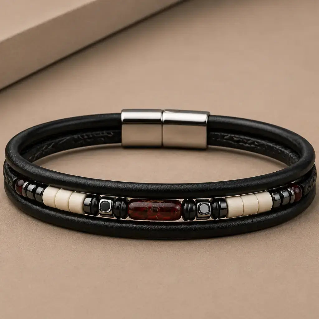 Men's Genuine Snakeskin Leather Bracelet with Natural Stone