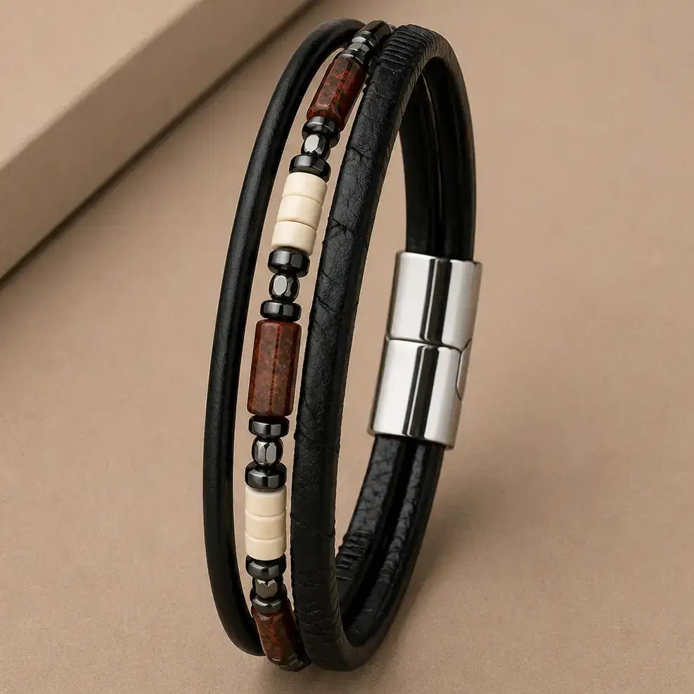 Men's Genuine Snakeskin Leather Bracelet with Natural Stone