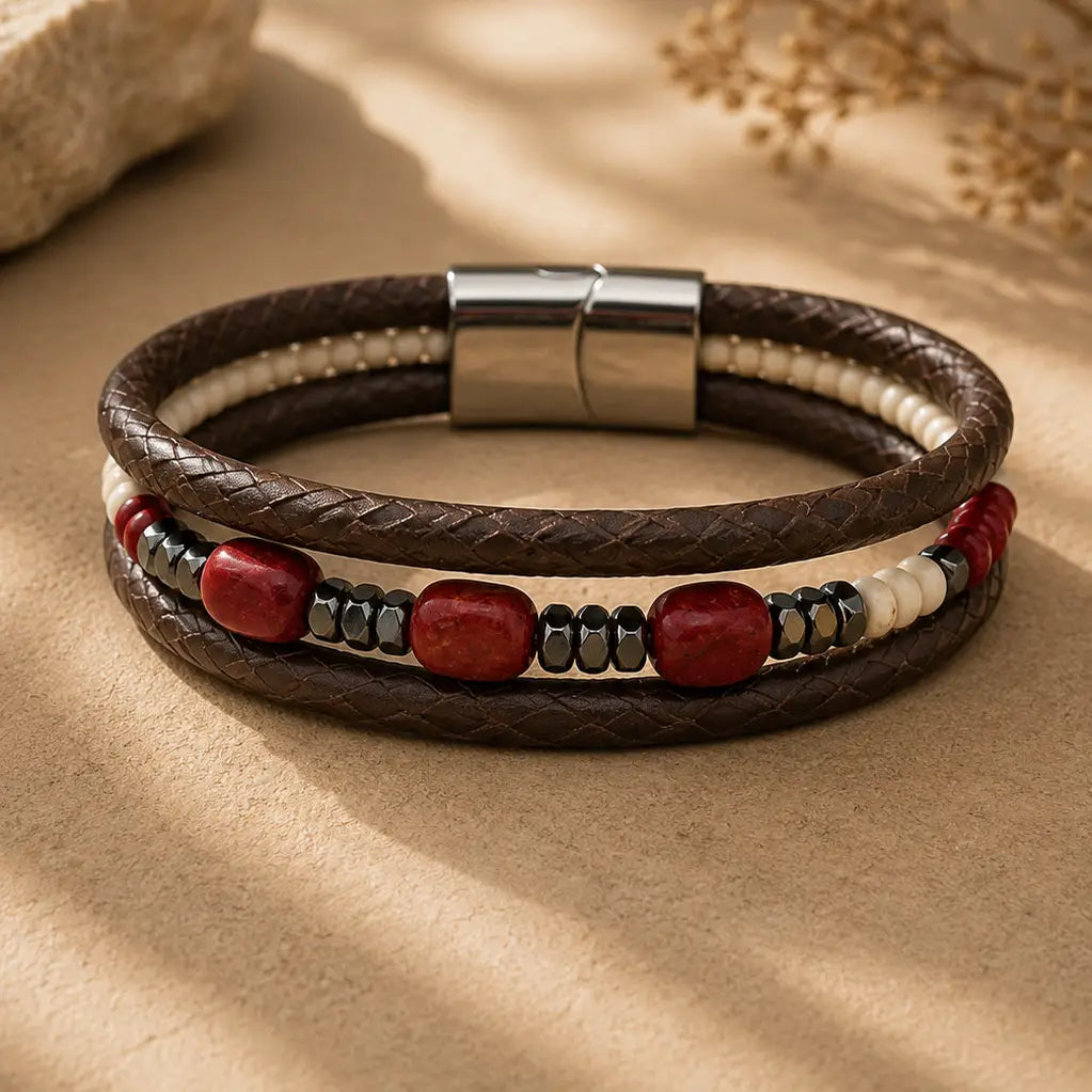 Men's Genuine Snakeskin Leather Bracelet with Natural Stone