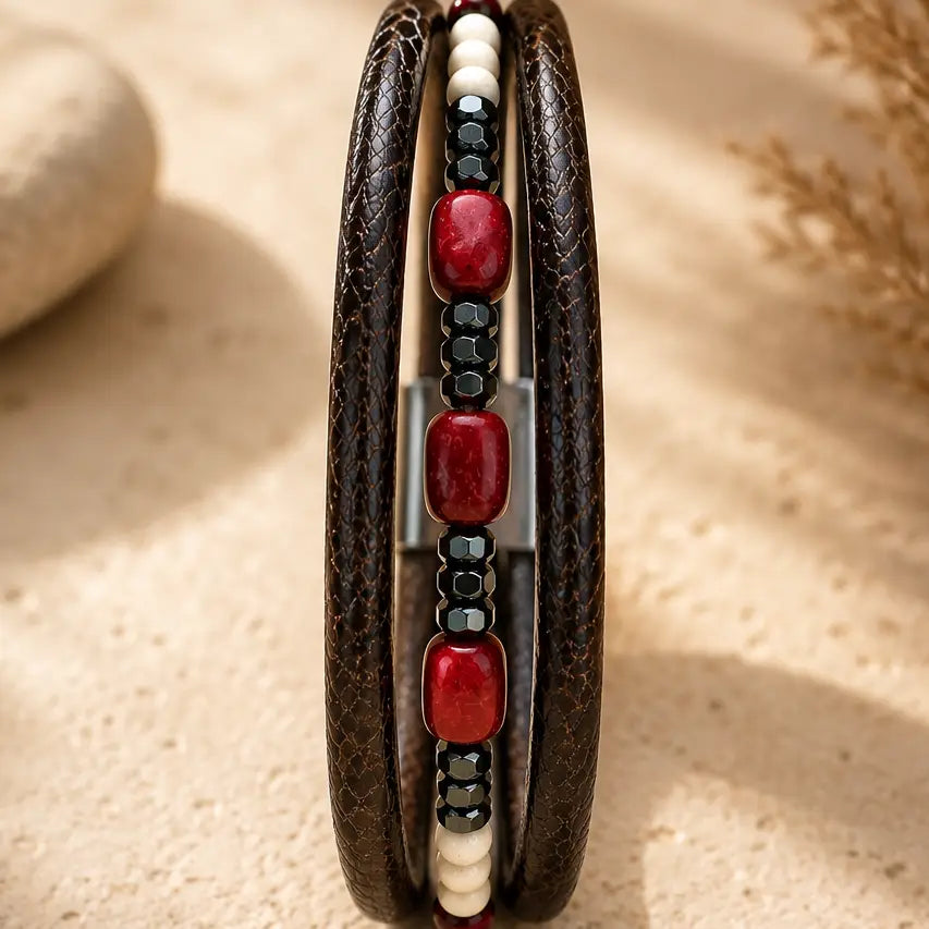 Men's Genuine Snakeskin Leather Bracelet with Natural Stone