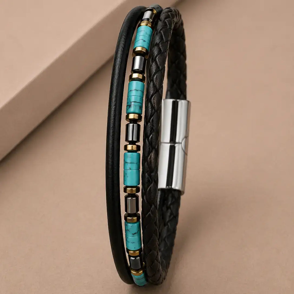 Men's Genuine Snakeskin Leather Bracelet with Natural Stone