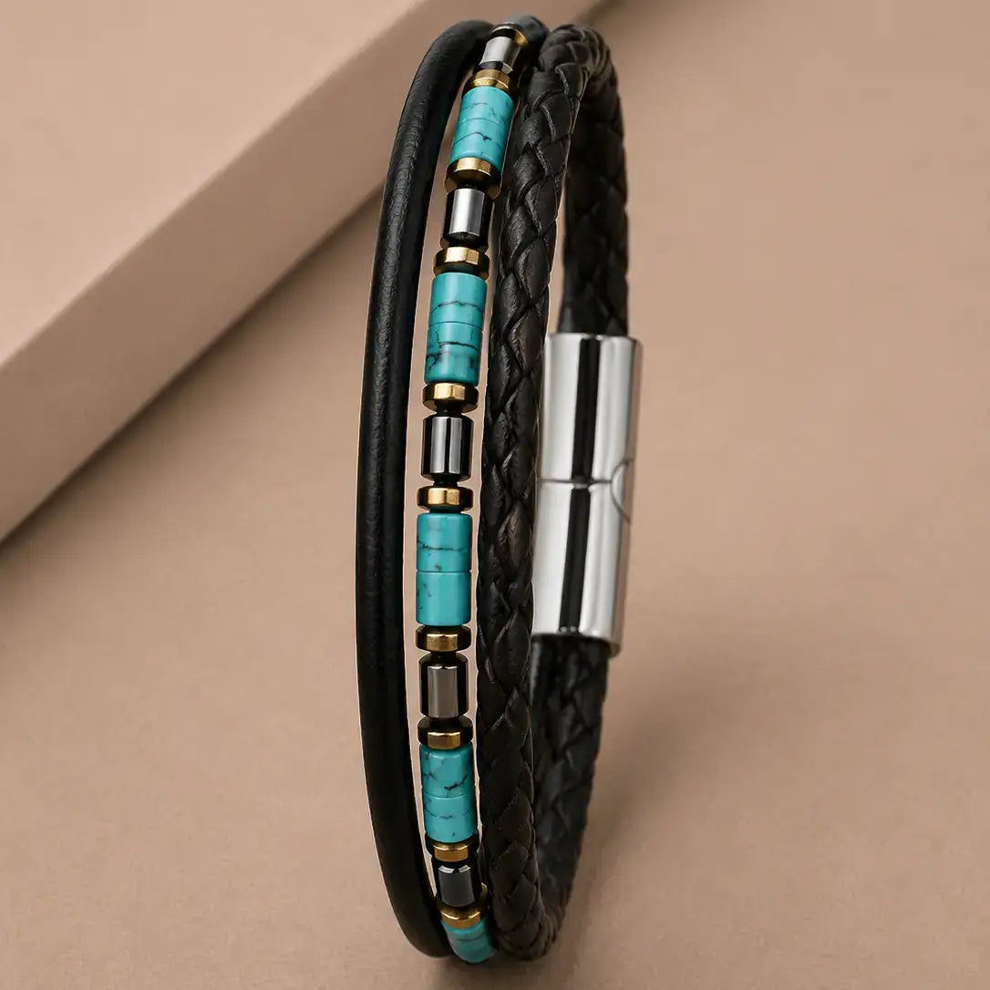 Men's Genuine Snakeskin Leather Bracelet with Natural Stone