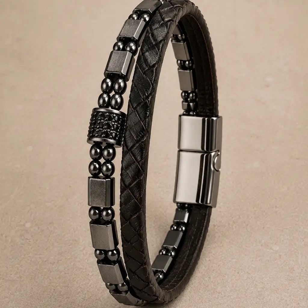 Stylish Genuine Snakeskin & Hematite Bead Bracelet