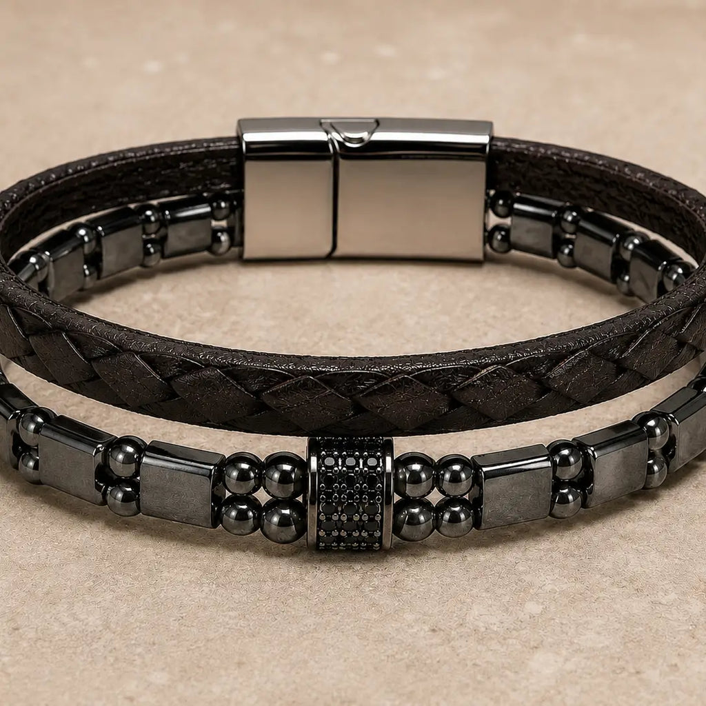 Stylish Genuine Snakeskin & Hematite Bead Bracelet