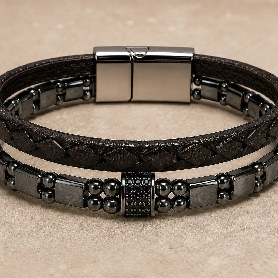 Stylish Genuine Snakeskin & Hematite Bead Bracelet