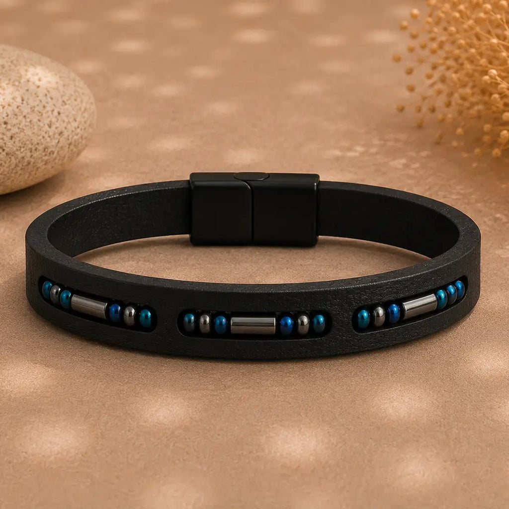 Stylish Genuine Leather Blue Beaded Bracelet