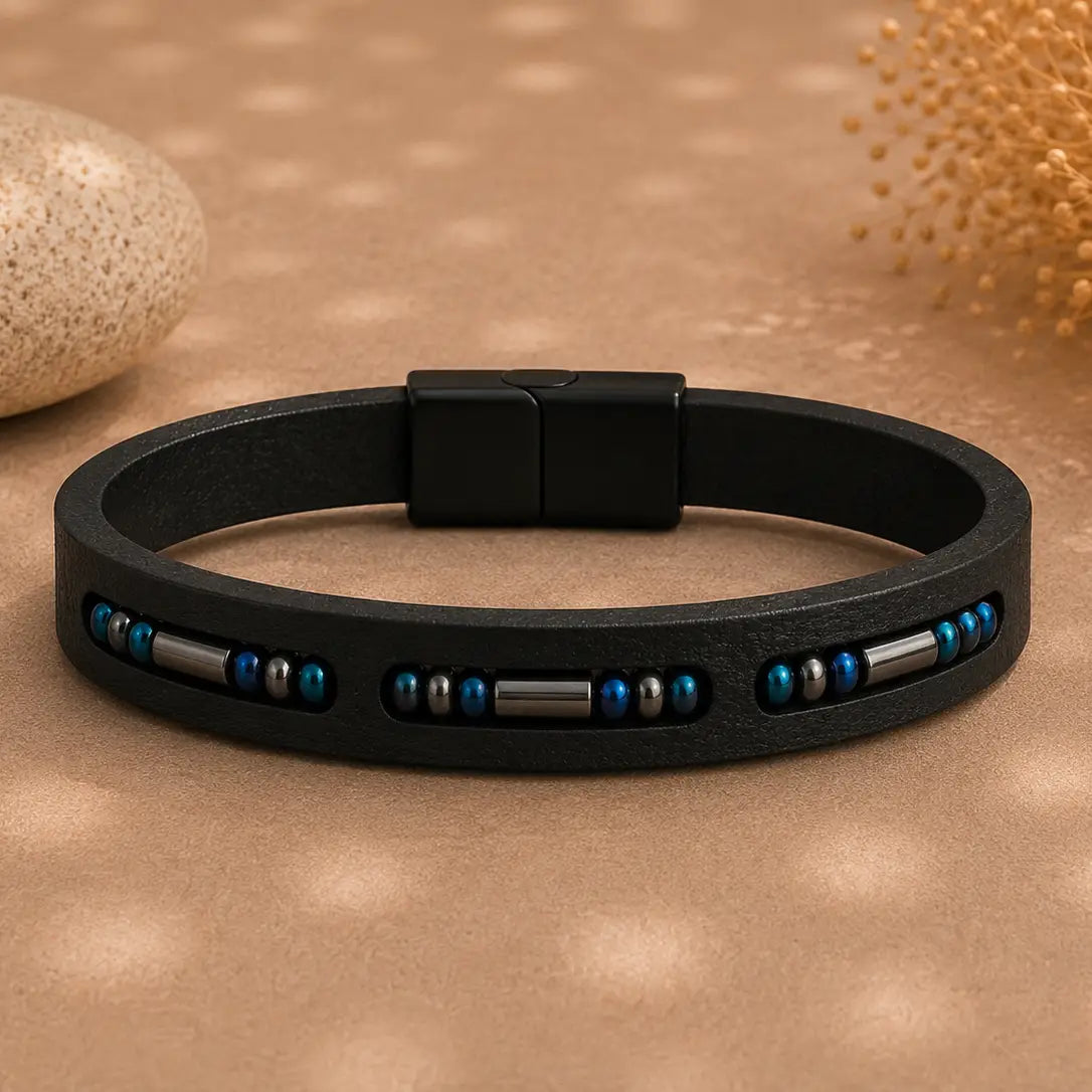 Stylish Genuine Leather Blue Beaded Bracelet