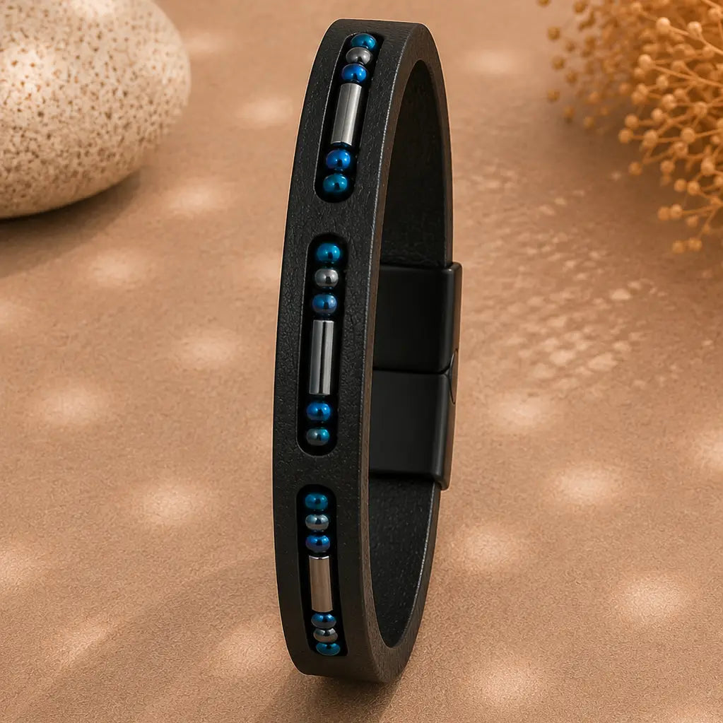 Stylish Genuine Leather Blue Beaded Bracelet