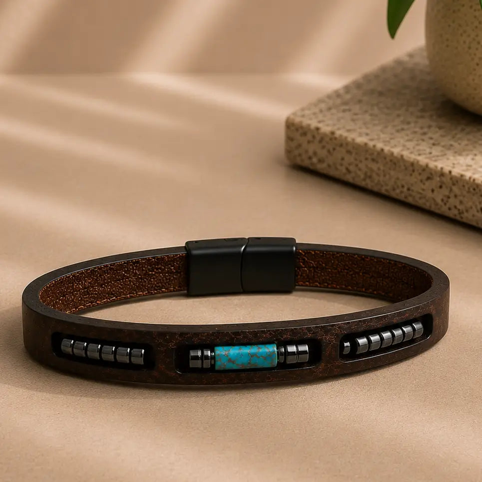 Men's Genuine Leather Bracelet with Turquoise Inlay
