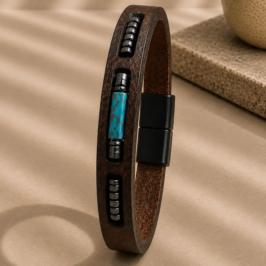 Men's Genuine Leather Bracelet with Turquoise Inlay