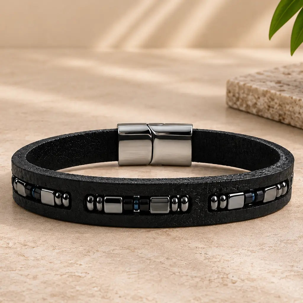 Genuine Leather Slim Magnetic Bracelet for Men