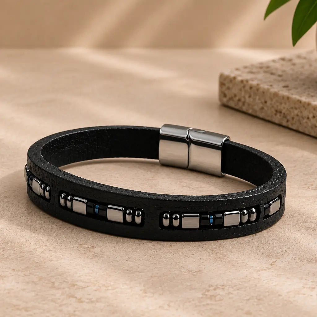 Genuine Leather Slim Magnetic Bracelet for Men