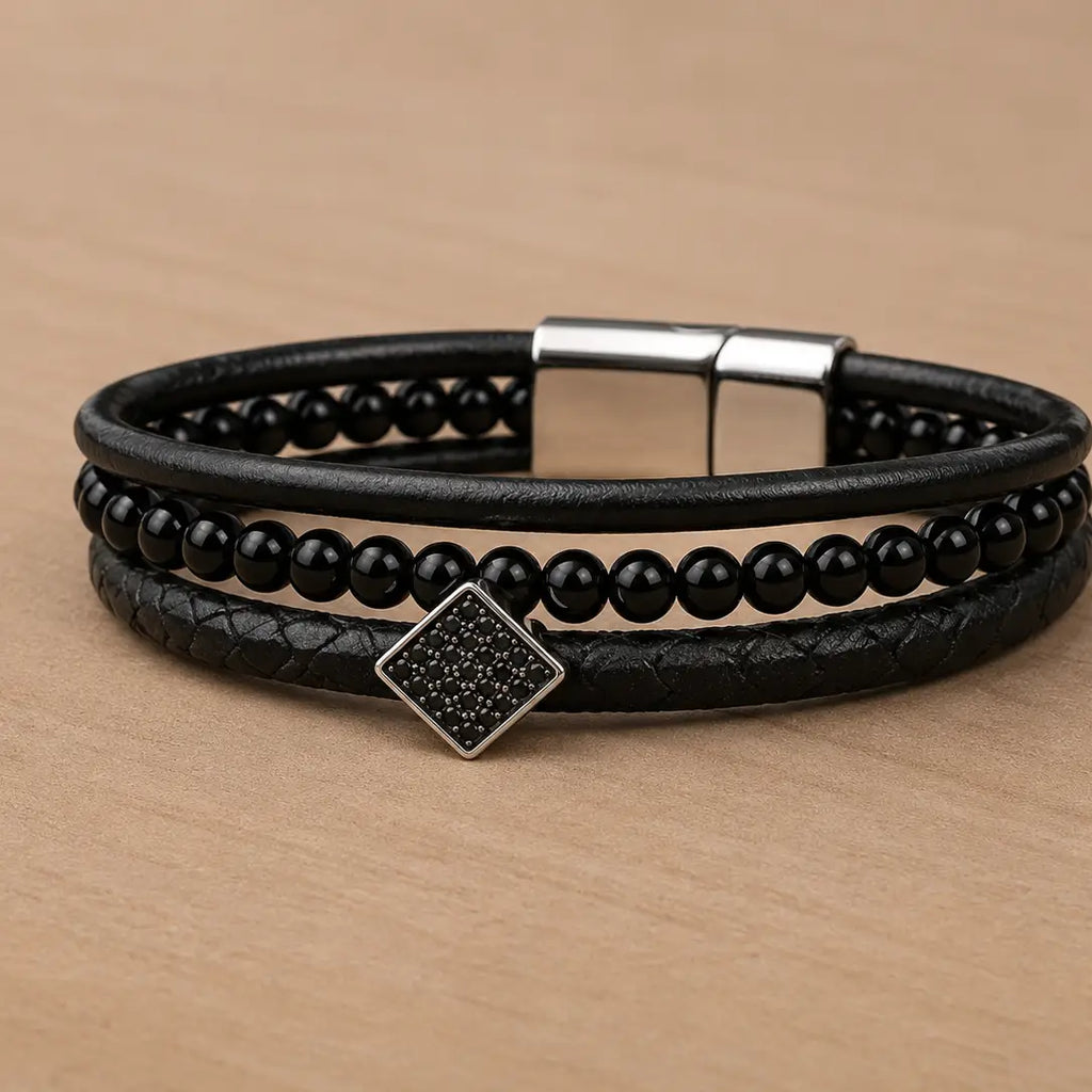 Men's Genuine Snakeskin Onyx Bead–Handcrafted Leather Bands