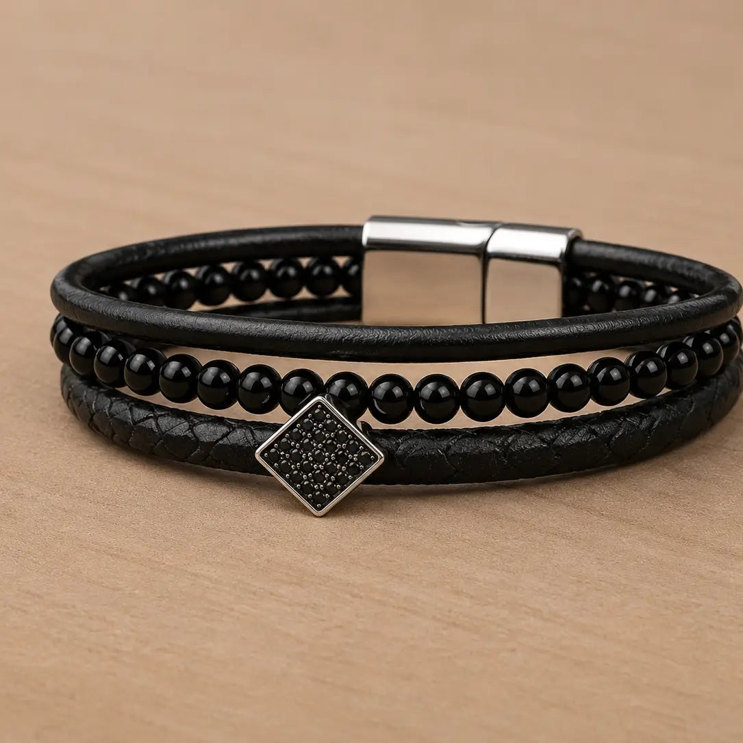 Men's Genuine Snakeskin Onyx Bead–Handcrafted Leather Bands