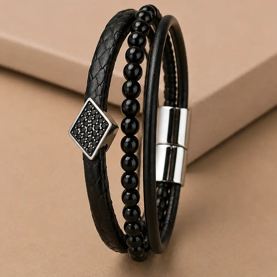 Men's Genuine Snakeskin Onyx Bead–Handcrafted Leather Bands