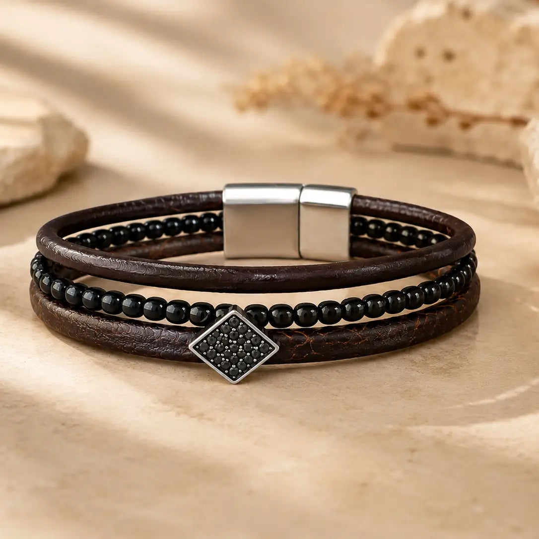 Men's Genuine Snakeskin Onyx Bead–Handcrafted Leather Bands