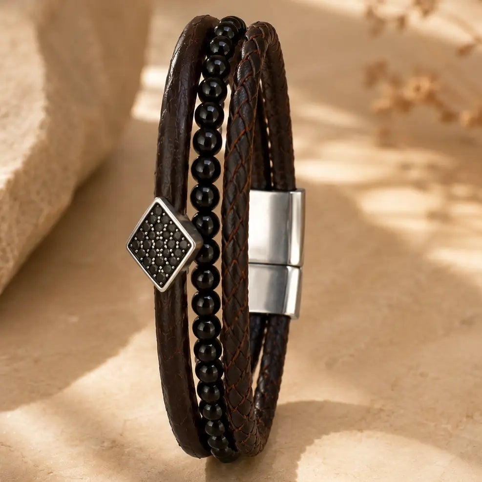 Men's Genuine Snakeskin Onyx Bead–Handcrafted Leather Bands