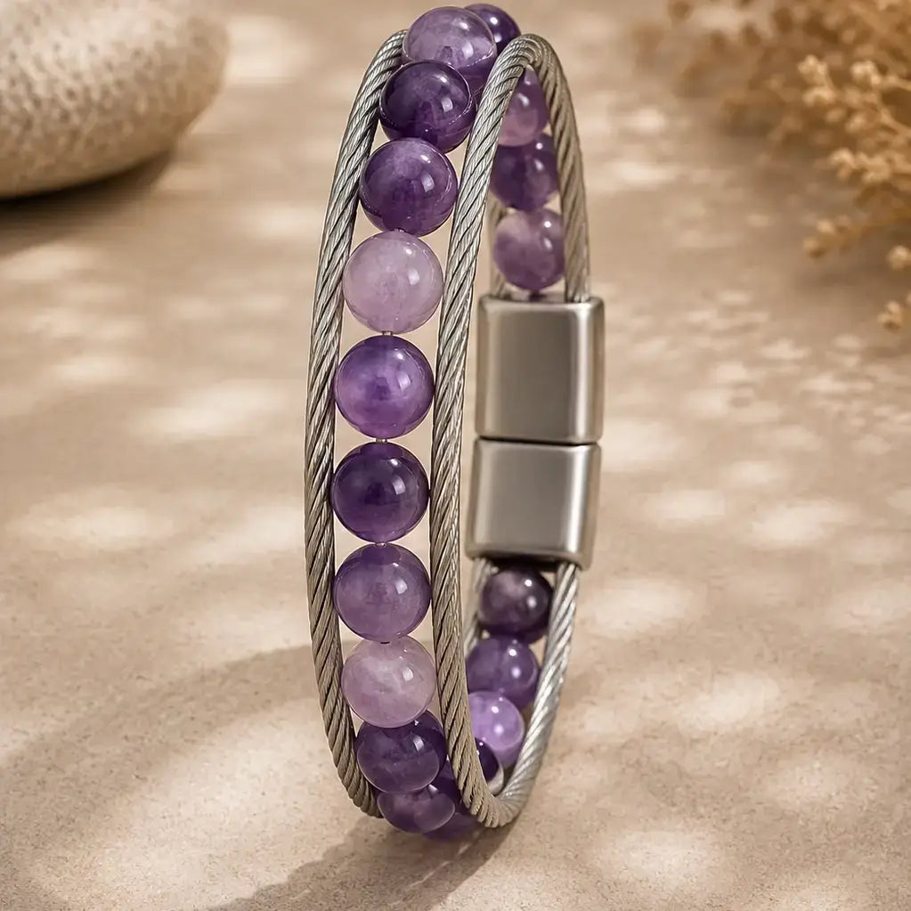 Stainless Steel Cable Bracelet with Blue Agate (Leather)