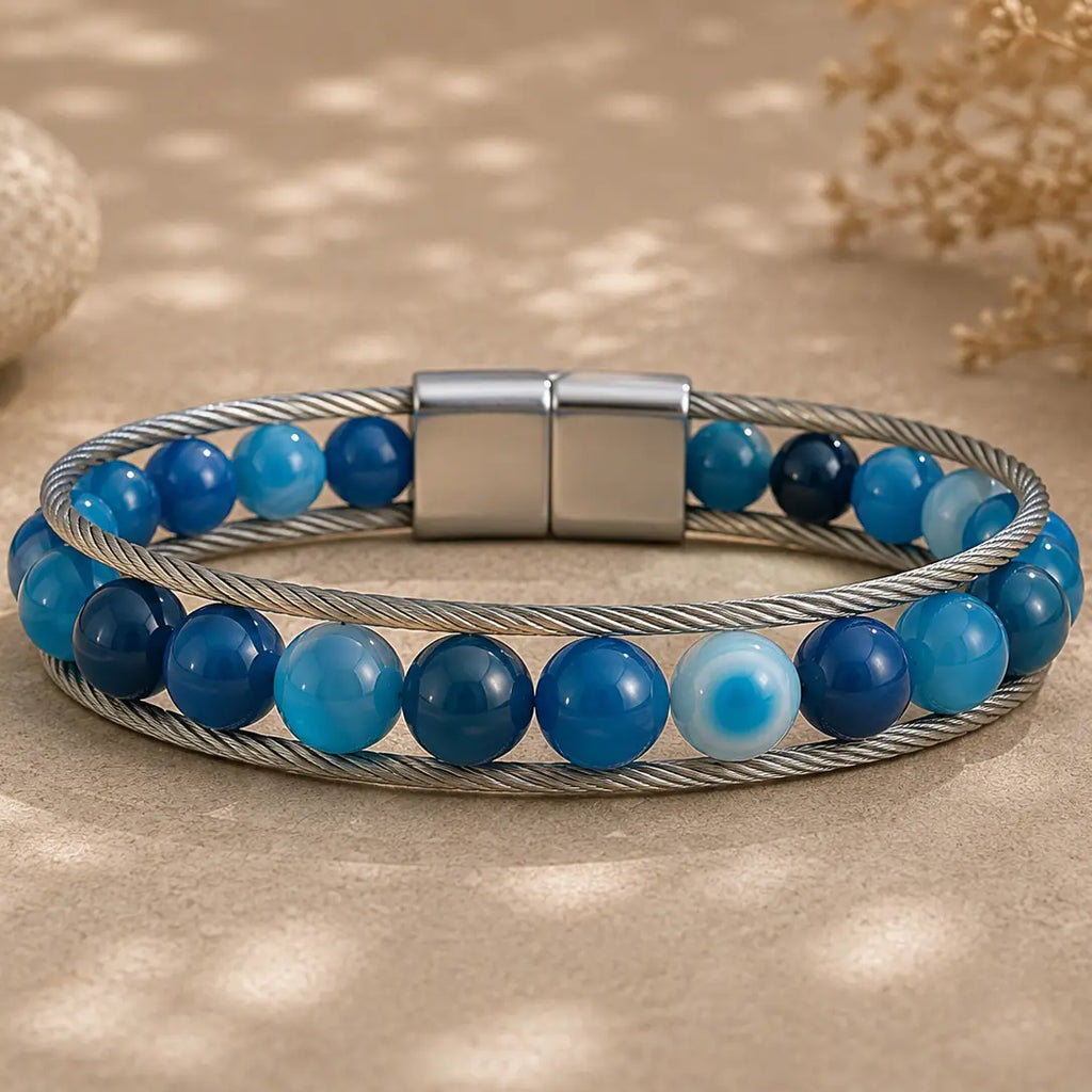 Stainless Steel Cable Bracelet with Blue Agate (Leather)