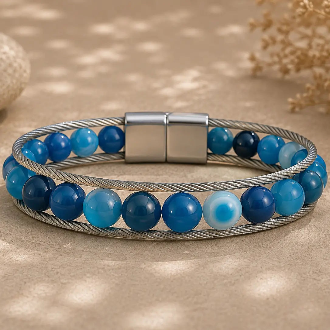 Stainless Steel Cable Bracelet with Blue Agate (Leather)
