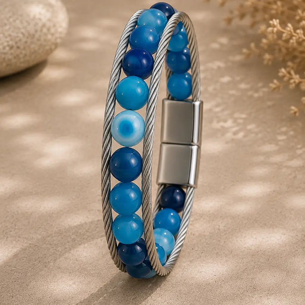 Stainless Steel Cable Bracelet with Blue Agate (Leather)