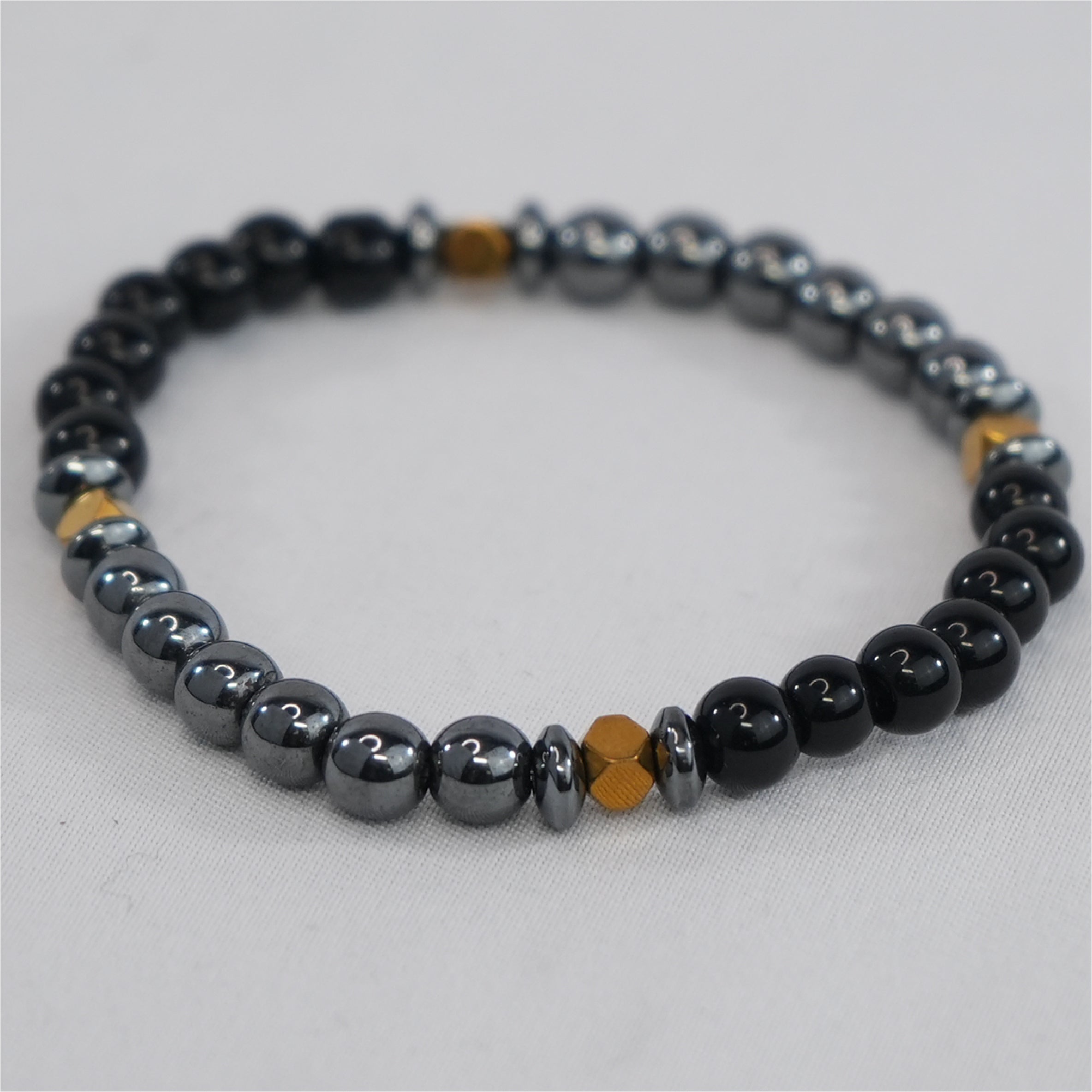Hematite and Natural Bead Stretch Bracelet Polished Contrast