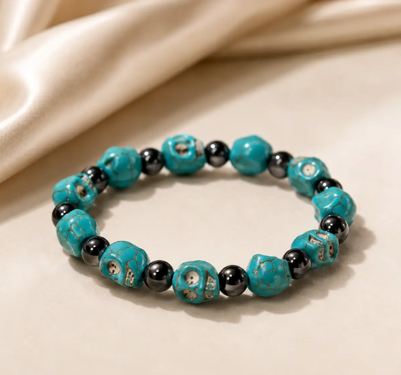Turquoise & Hematite Skull Beaded Stretch Bracelet