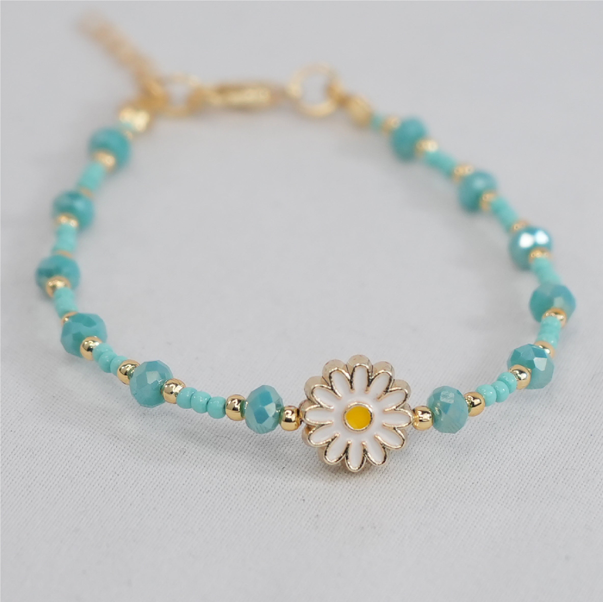 Crystal Beaded Bracelet with Daisy Charm - 8 Color Options 