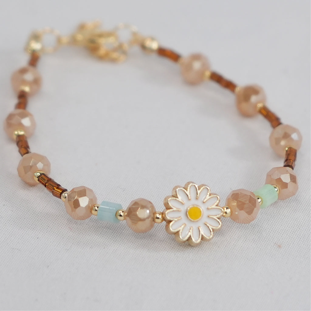 Crystal Beaded Bracelet with Daisy Charm - 8 Color Options 