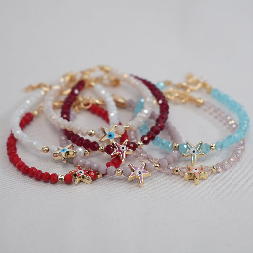 Crystal Beaded Bracelet with Star Evil Eye Charm: 7 Colors