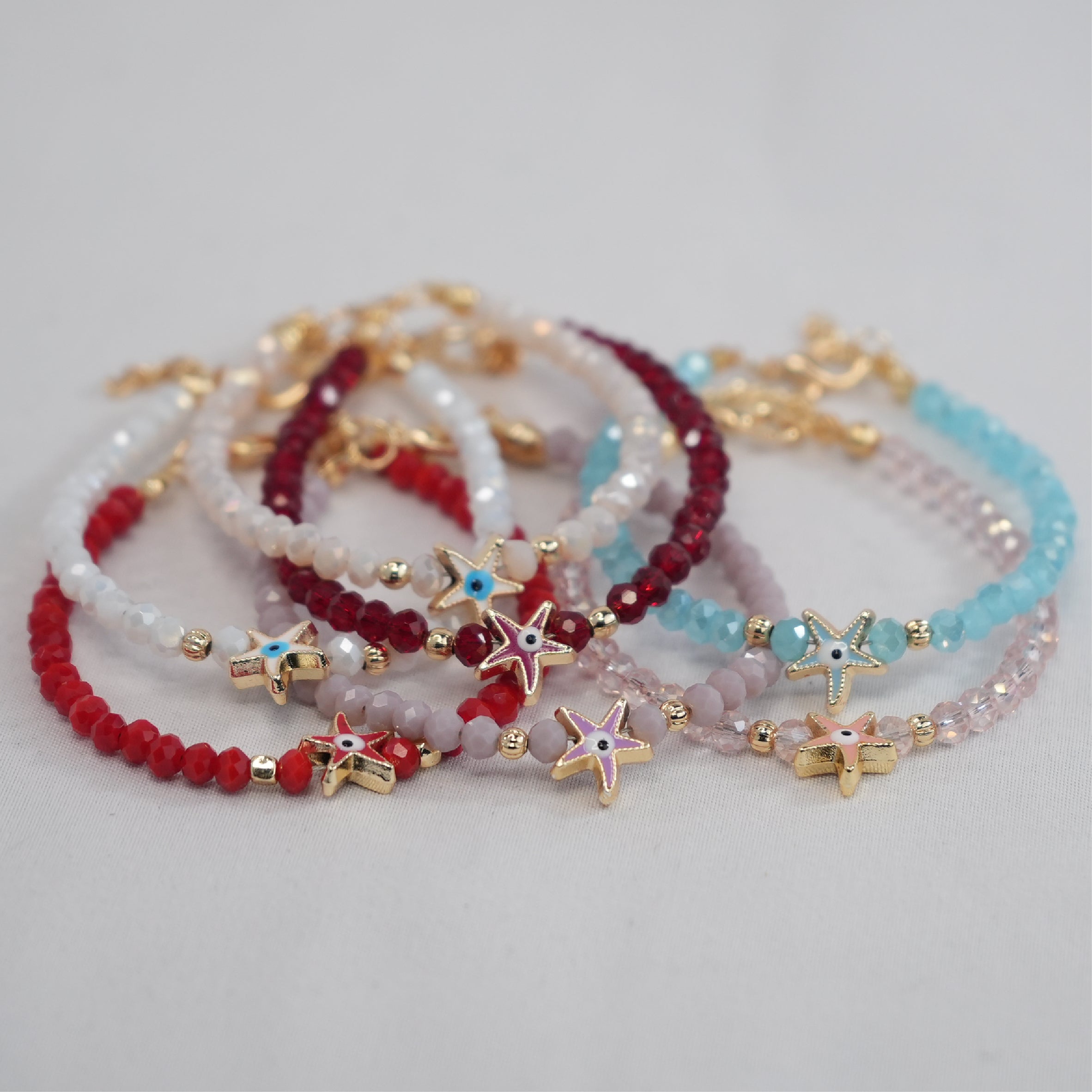 Crystal Beaded Bracelet with Star Evil Eye Charm: 7 Colors