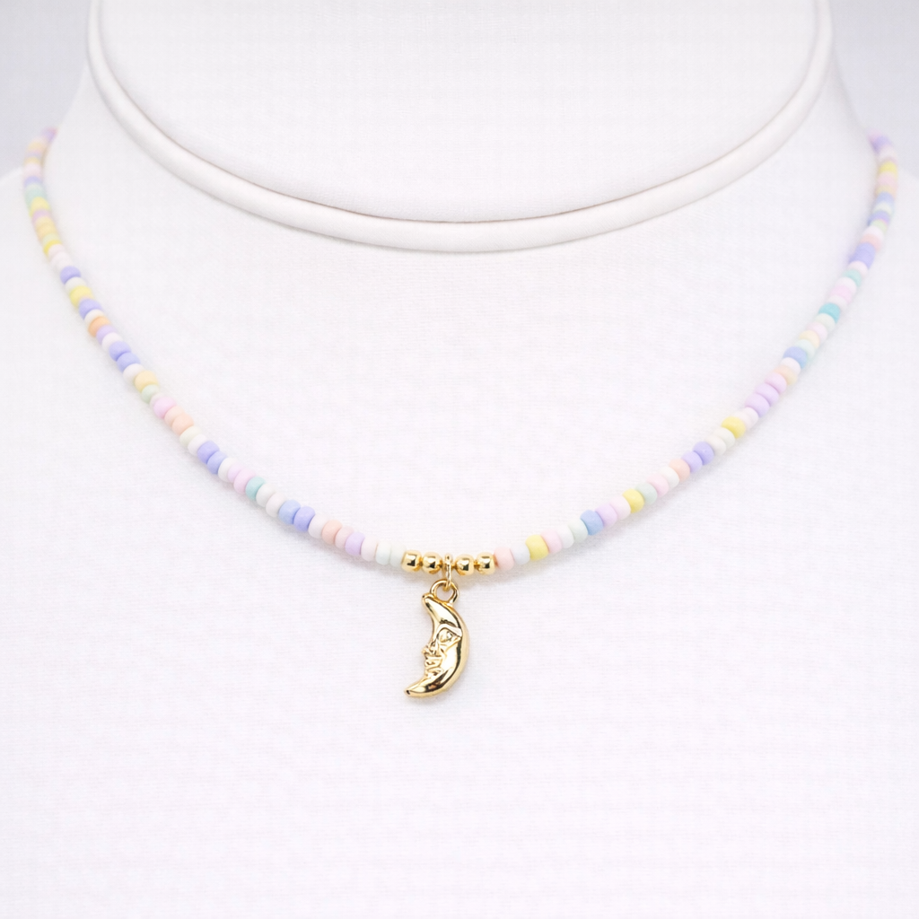 Moon Pendant Colorful Beaded Summer Necklace:  Elegance 