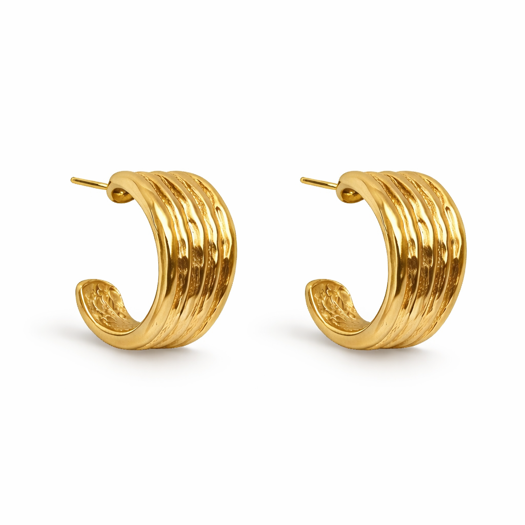Textured Golden Hoop Earrings – Wide Ribbed Cuffs