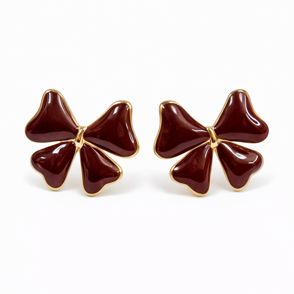 Stainless Steel Gold Enamel Wine Red Bow Stud Earrings