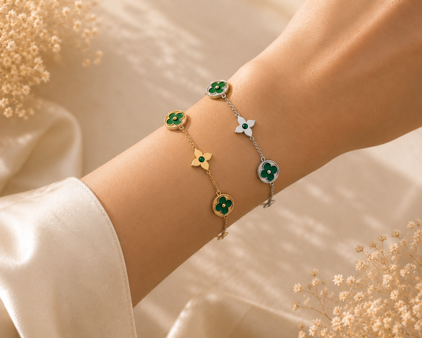Emerald Clover Link Bracelet - Gold&Stainless Silver Plated
