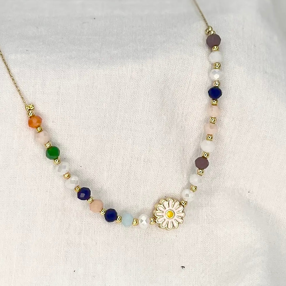 Gold Plated Daisy Beaded Necklace - Handmade Protection