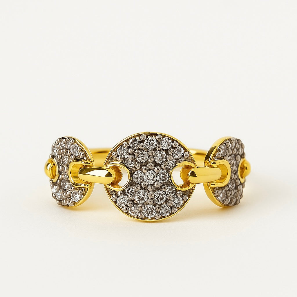 Golden Link Disc Ring – Triple CZ Circle Chain