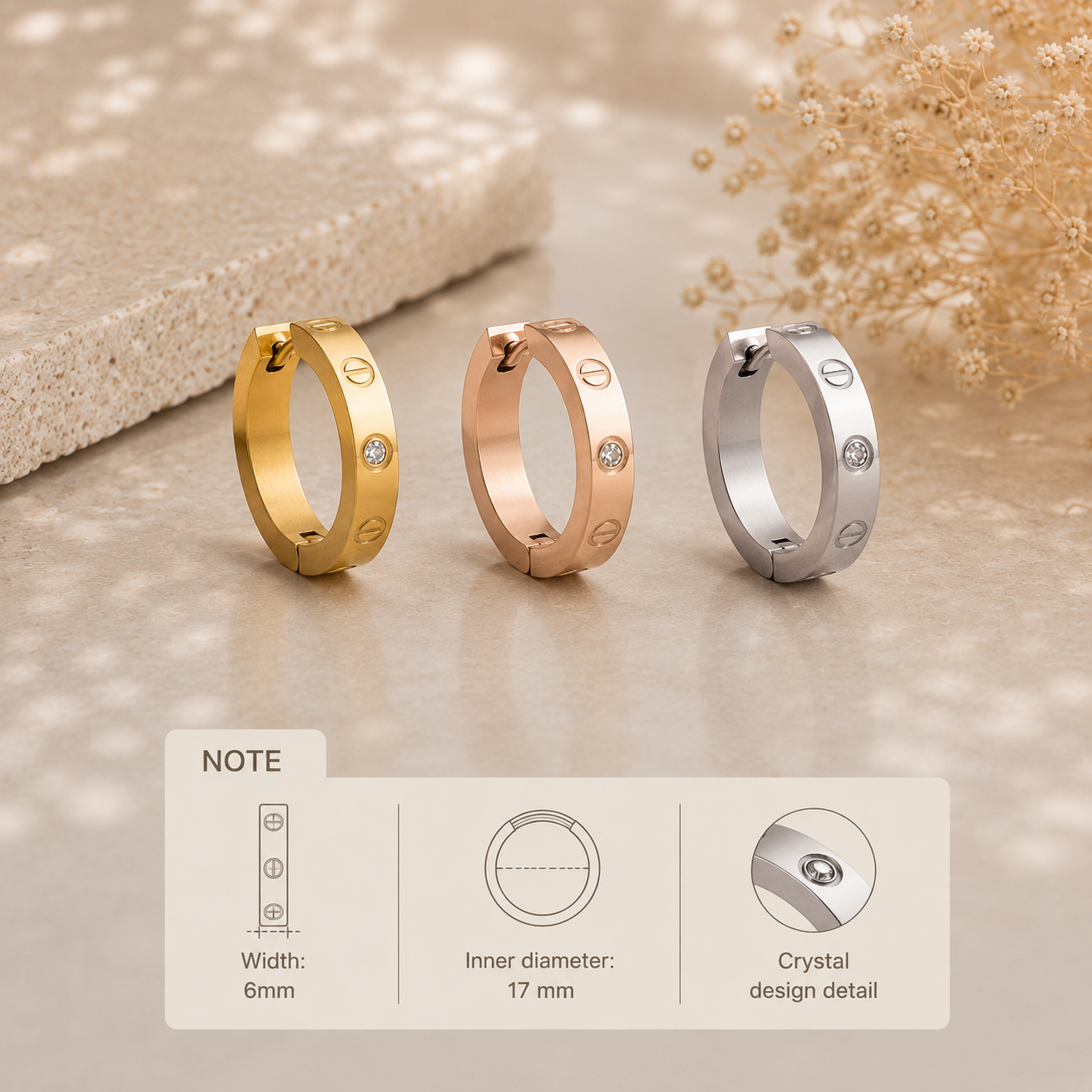 6mm–LOVE Inspired Crystal&Screw Hoop Earrings–StainlessSteel