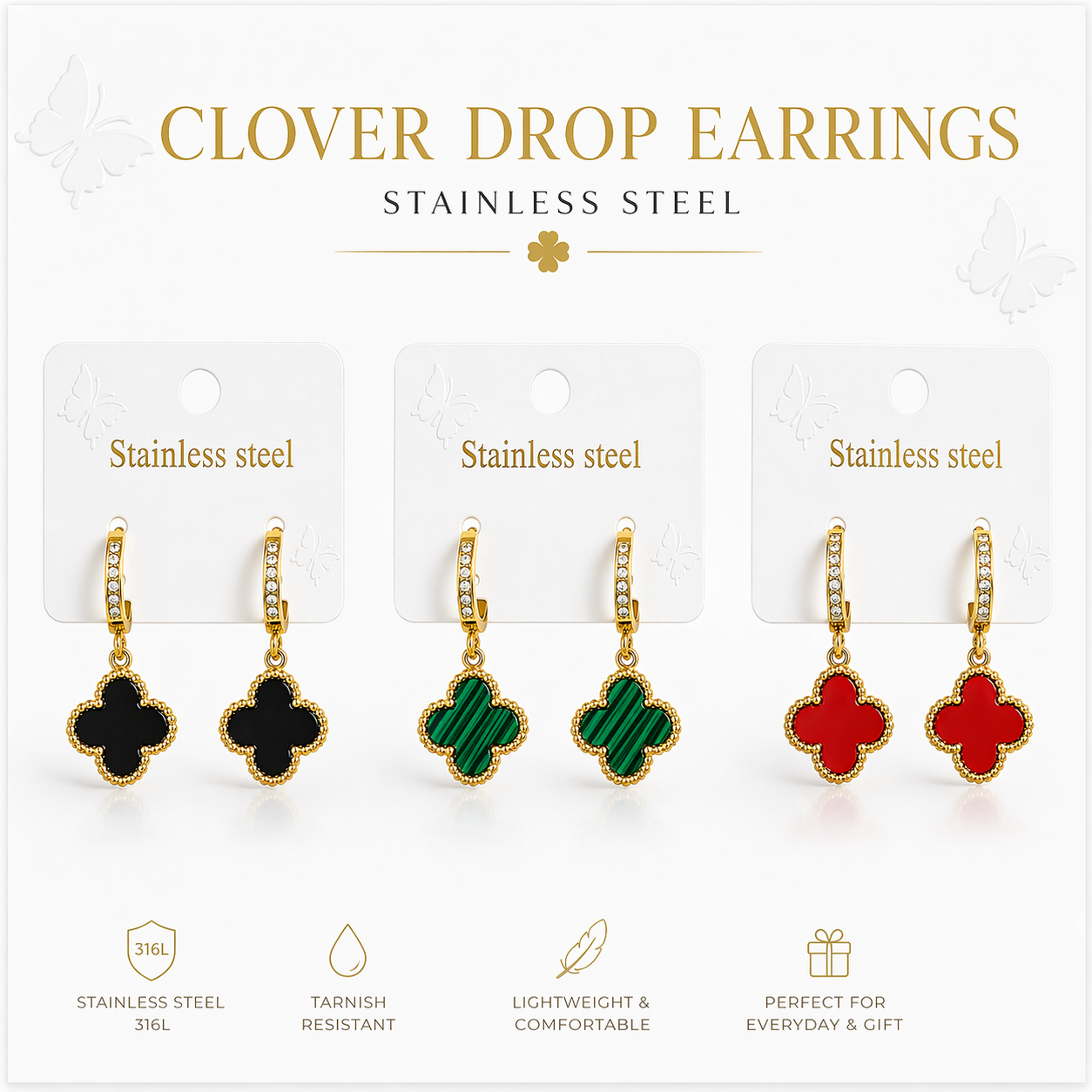 Clover Drop Earrings-Gold Stainless Steel | Best Selling Colors