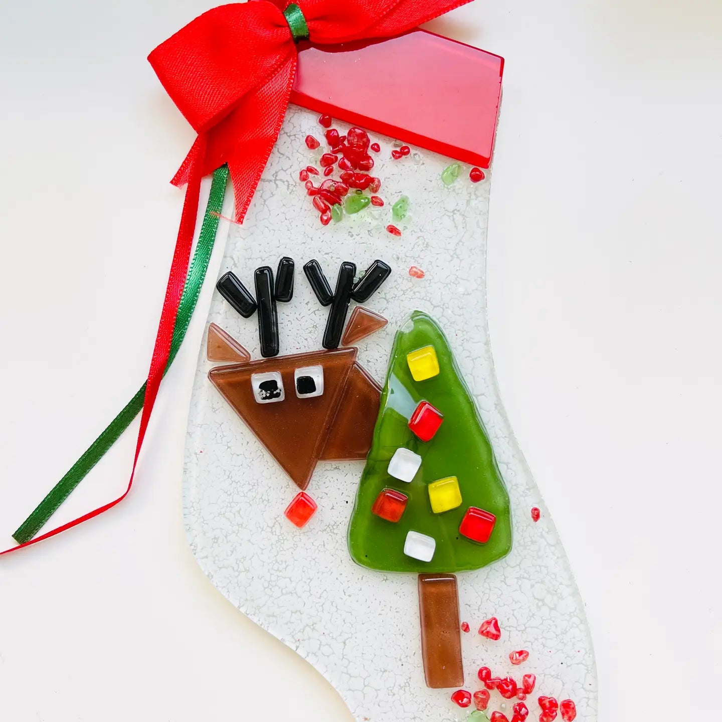 Christmas Fused Glass Reindeer Stocking Ornament – Handmade
