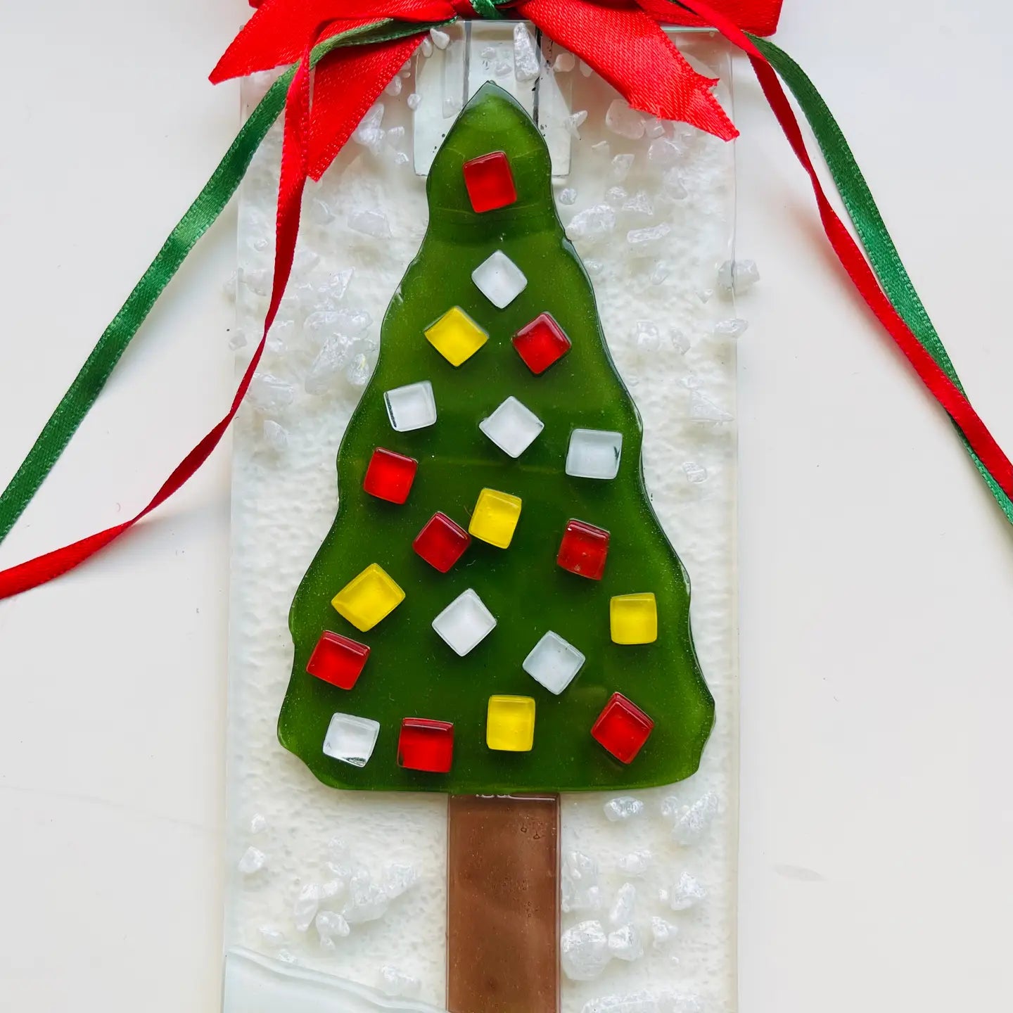 Christmas Fused Glass Tree Ornament Rectangle Hanging Decor