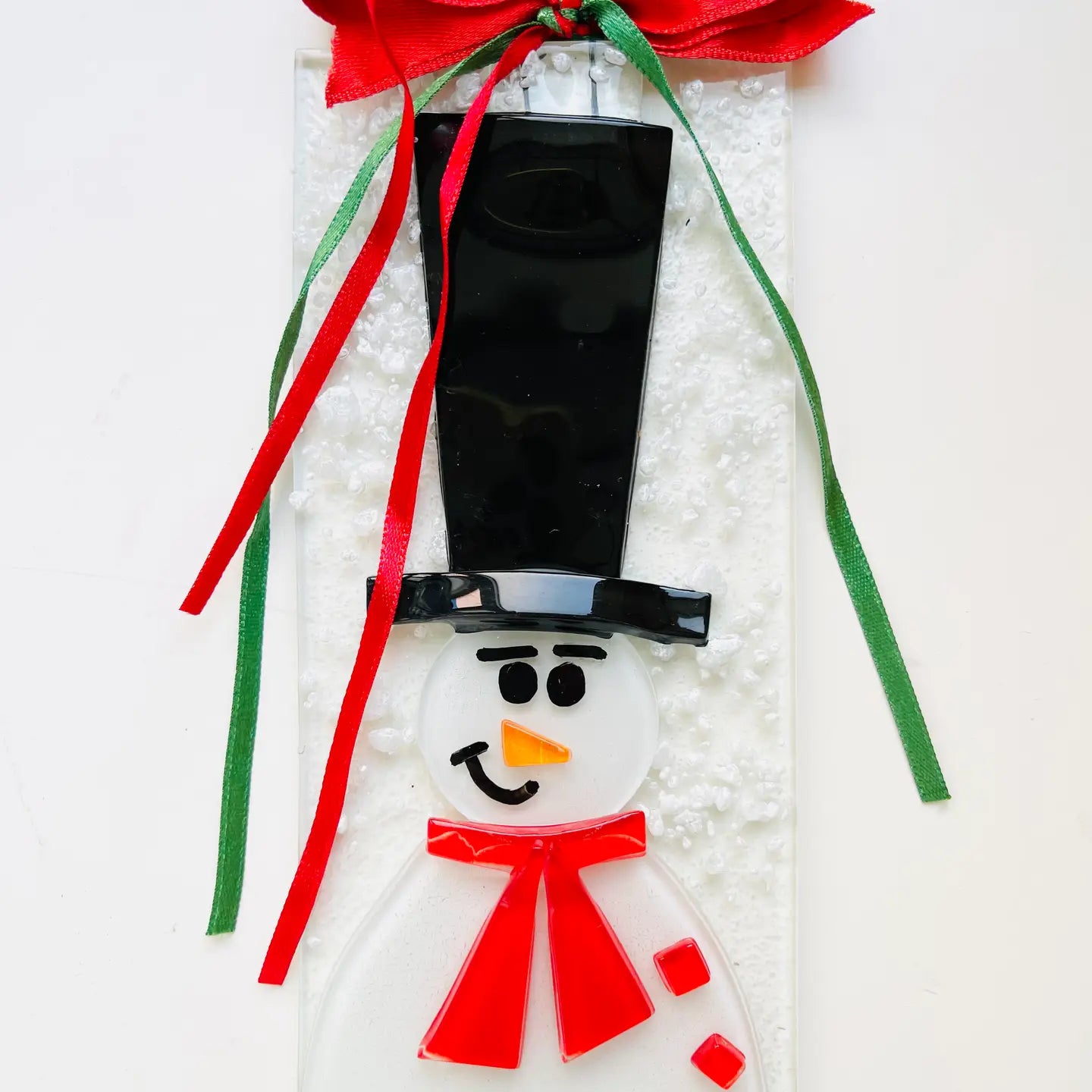 Christmas Fused Glass Rectangle Snowman Ornament – Black Hat