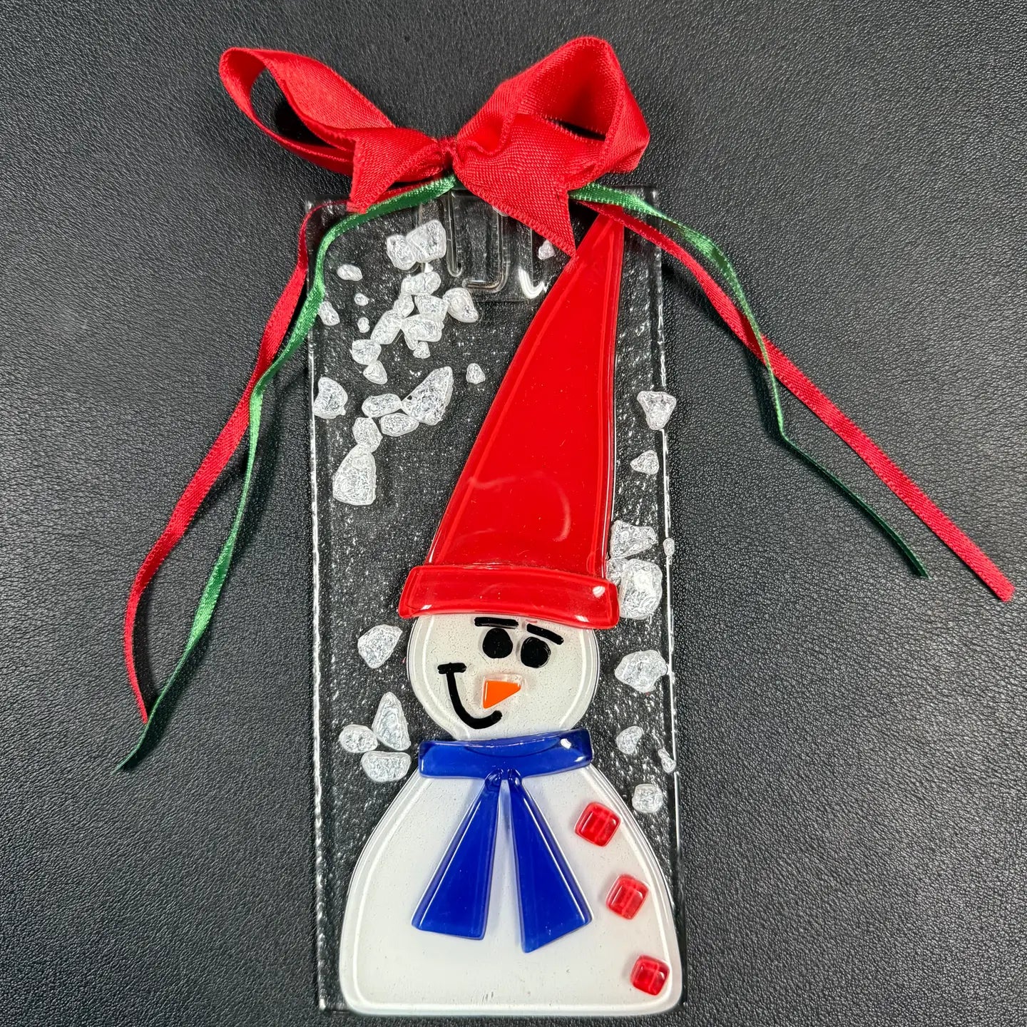 Christmas Fused Glass Rectangle Snowman Ornament