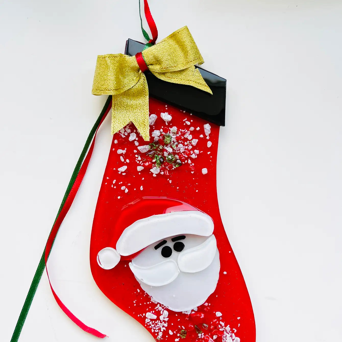 Christmas Santa Stocking Ornament – Fused Glass Handmade