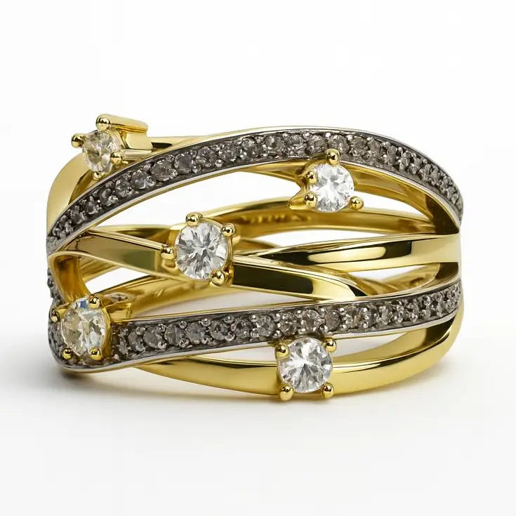 Multi-Stone Golden Adjustable Ring – Criss Cross Design